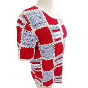 Awesome red, white & blue granny square crochet short sleeve sweater medium